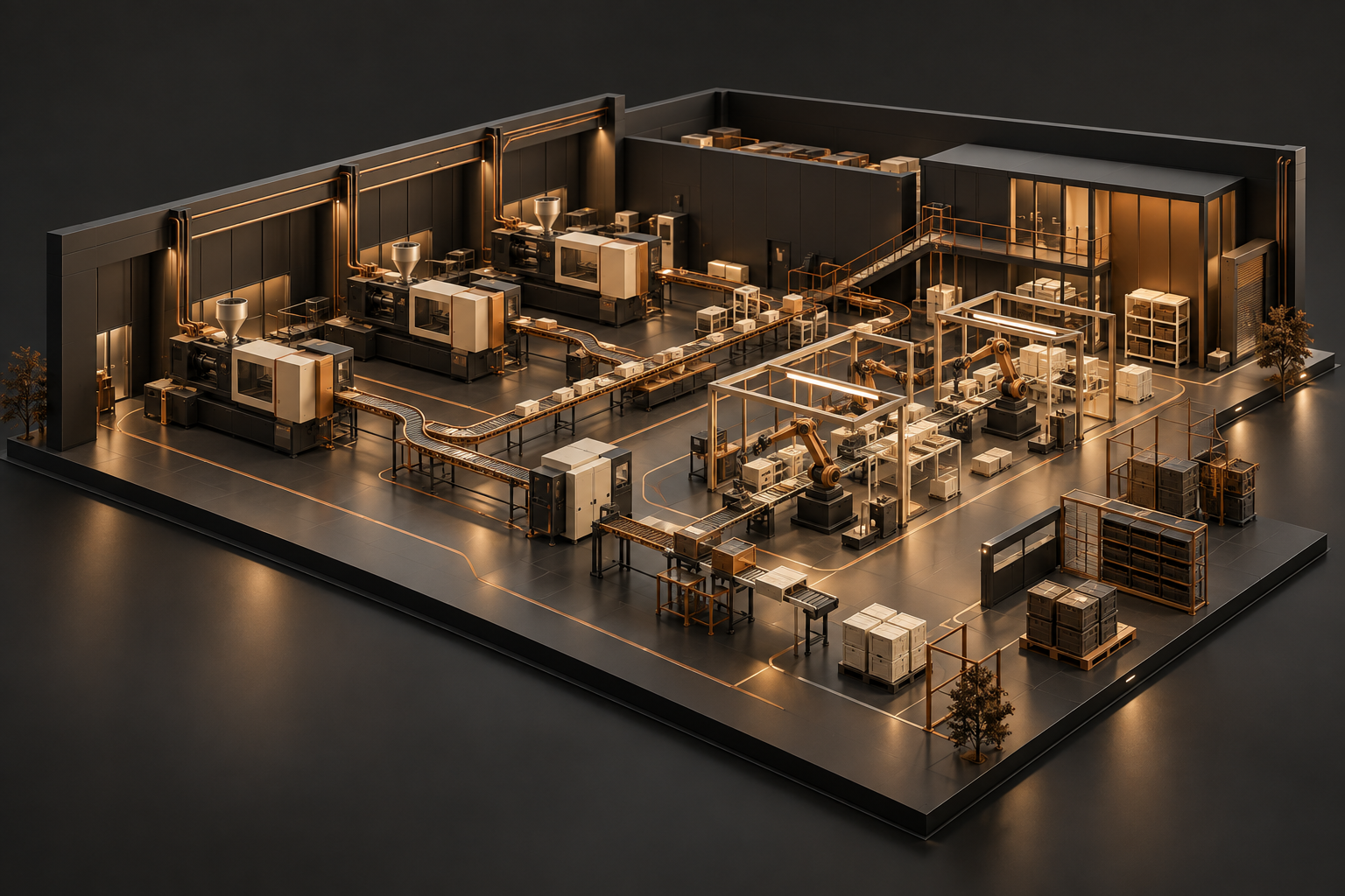 Stylised fictional manufacturing model in charcoal and bronze
