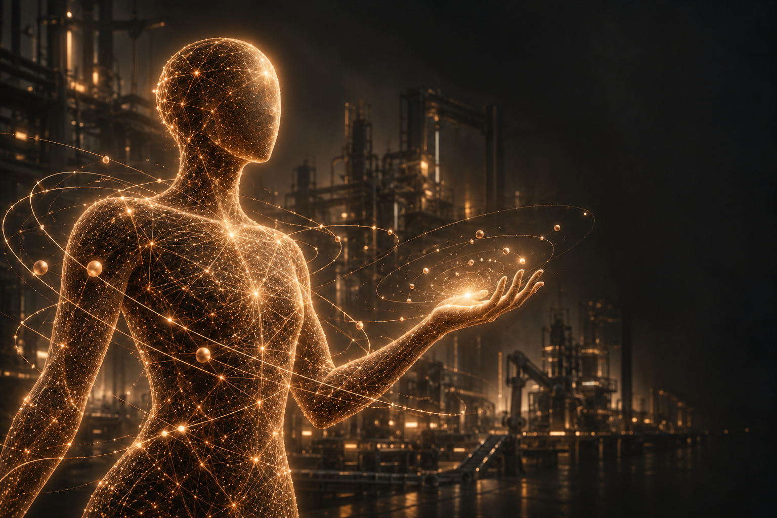 AI-generated digital figure made of copper light particles in a fictional industrial setting